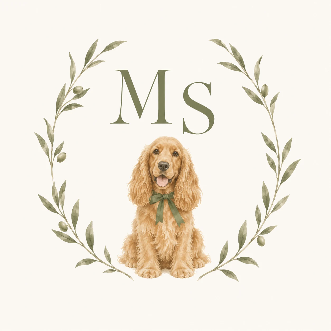 Illustrated crest with M and S initials, olive branches and a golden spaniel
