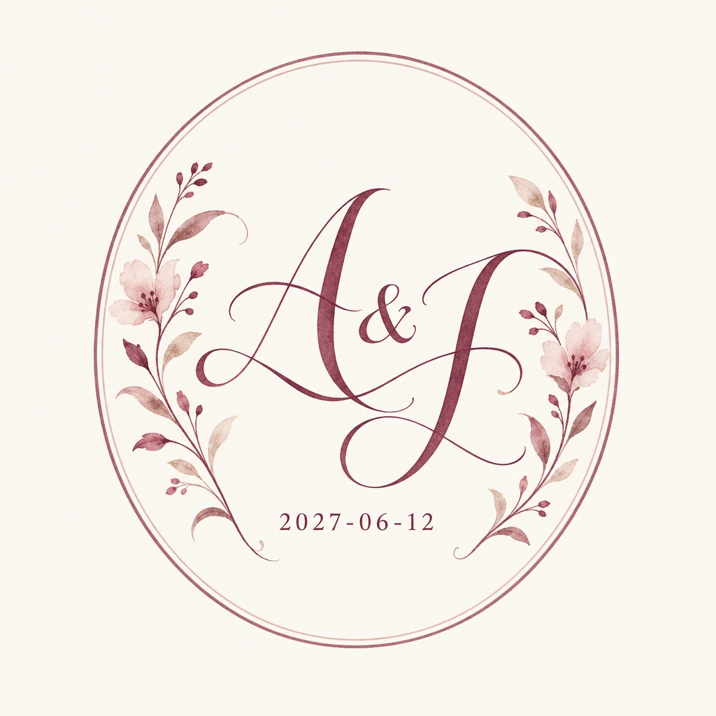 AI-generated A and J wedding crest with a berry-colored oval frame, watercolor flowers and the date 2027-06-12